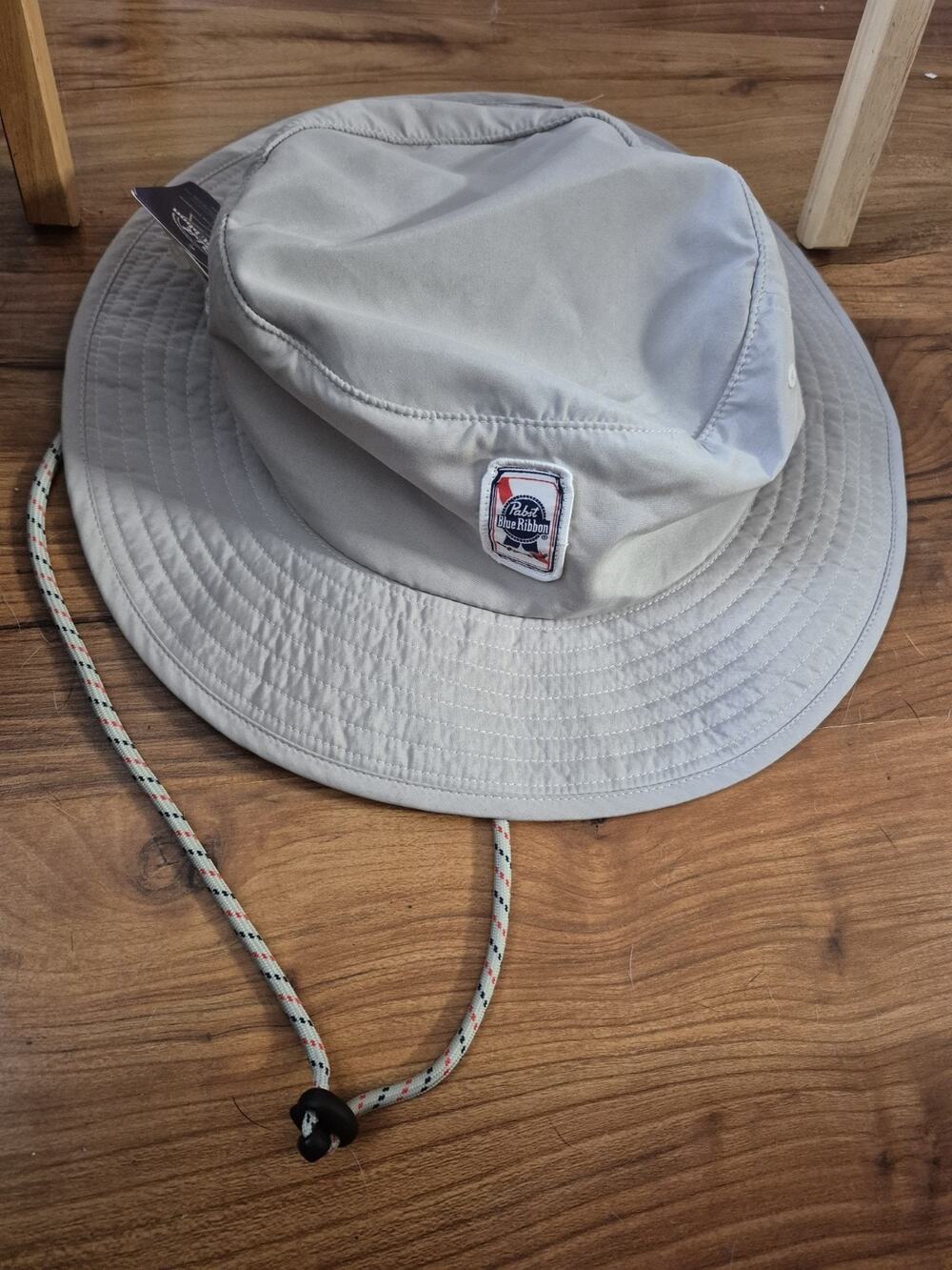 Pabst Blue Ribbon Beer Grey Drawsring Bucket Safari Hat Cap Lightweight s33